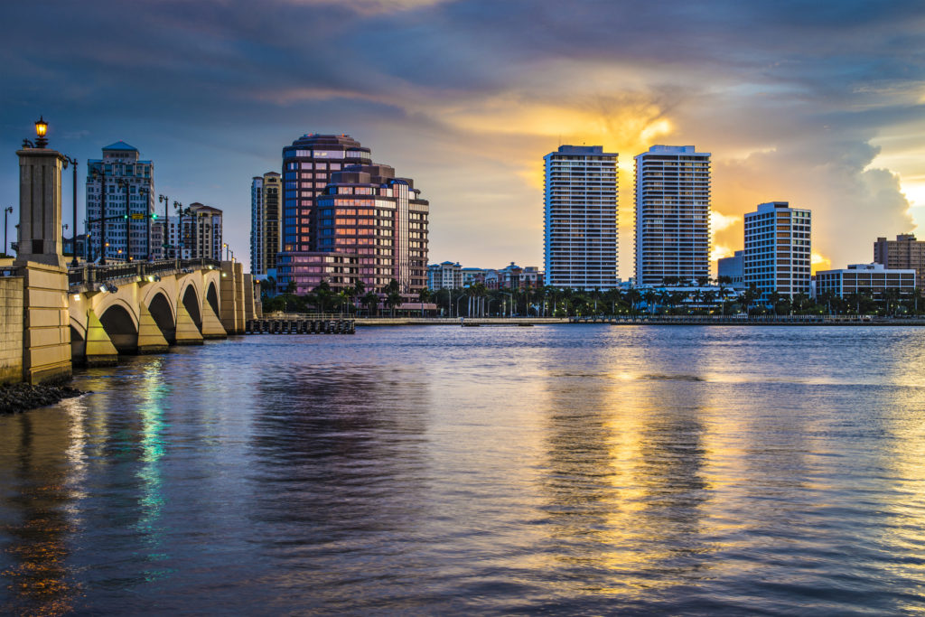 West Palm Beach Florida skyline at sunset