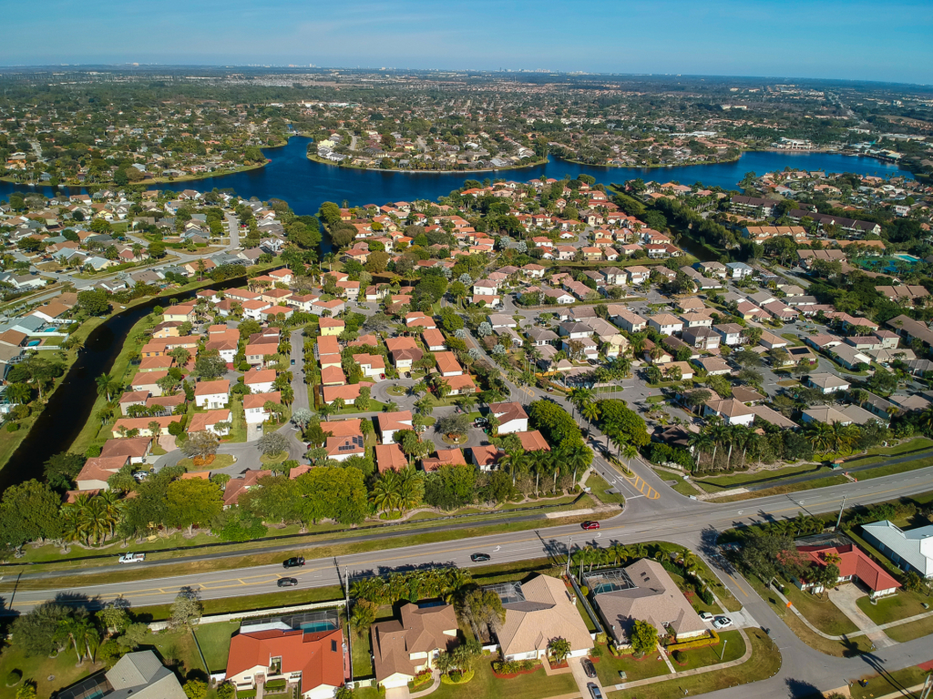 Wellington Florida aerial view with houses and lakes
