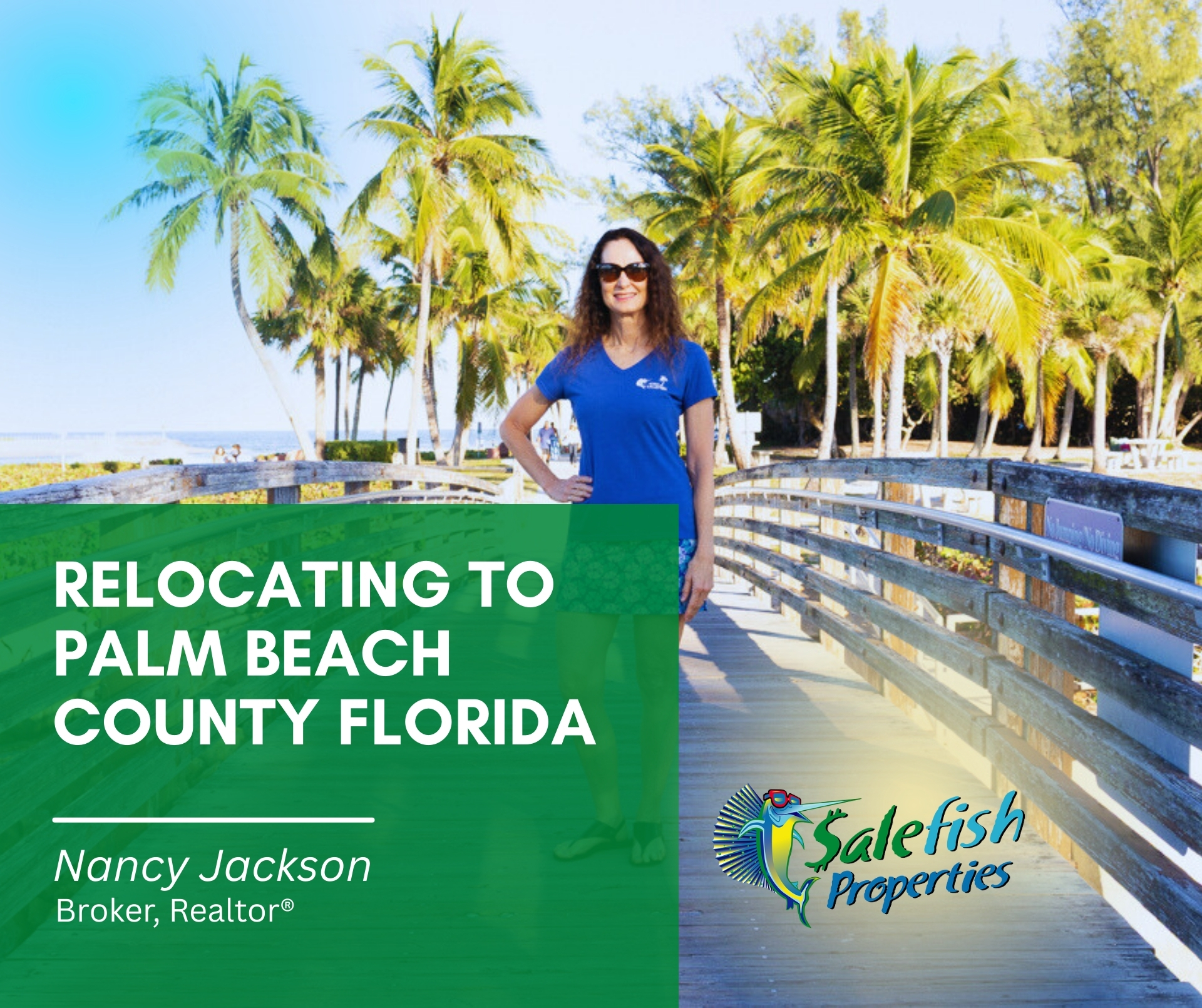 Relocating to Palm Beach County Florida realtor standing on small bridge with palm trees